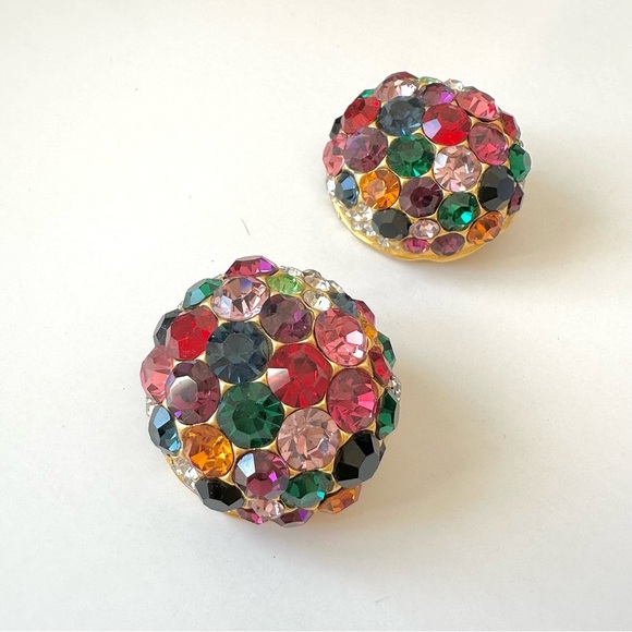 Vintage 80's Blanca Signed Earrings Multi Jewel Rhinestone Crystals Gold Clip-On - Picture 5 of 9